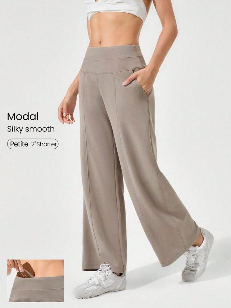 GLOWMODE Calça Pantalona de Cintura Alta com Bolsos Laterais, Toque de Seda Modal, Casual Diária de Outono